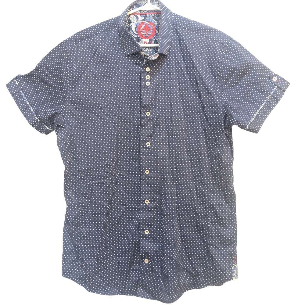Au Noir Shirt‎ Men's 4 Navy Polka Dot Stretch Cotton Short Sleeve Button Up
